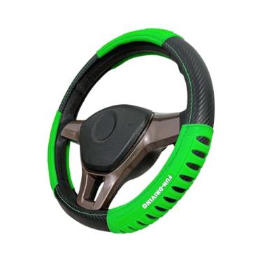 Imagem de Capa de volante de couro de fibra de carbono preta Sport Race, faixa de aderência verde brilhante, antiderrapante, respirável, ajuste universal, volante de 37,5 a 38 cm