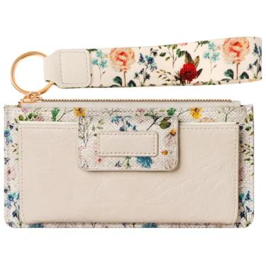 Imagem de Bistup Carteira feminina de couro fofo para meninas adolescentes porta-cartão de crédito chaveiro grande capacidade flor floral RFID, bege, 1 inches x 5 inches x 8 inches, Vintage