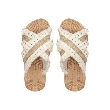 Imagem de Sandálias rasteiras femininas Boho com franja cruzada, bico aberto, sandálias de praia sem cadarço, Bege, 37