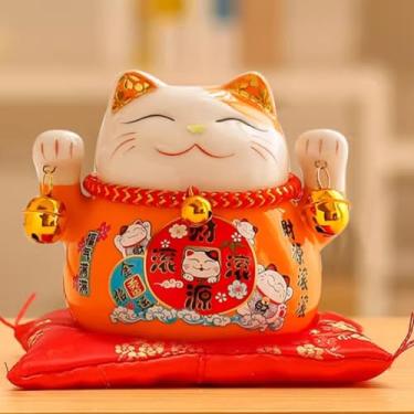 Imagem de FENNYYAR Ornamento de cerâmica laranja japonês Maneki Neko, 11 cm, decoração de presente de loja de abertura