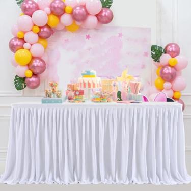 Imagem de CREATCABIN Toalha de mesa elástica retangular, saia de mesa elástica, 1,8 m para mesas retangulares abertas nas costas, saia de mesa branca com tiras adesivas para eventos de banquete de casamento ao