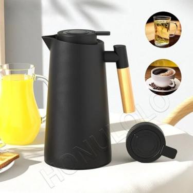 Imagem de Garrafa Térmica de água, 1 Litro Garrafa Térmica Com Termômetro Led Para Chás/Café Design Moderno Cabo Em Madeira(T-Preto(Des))