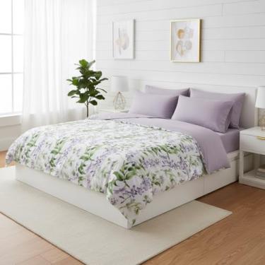Imagem de Conjunto de capa de edredom botânico inspirado em lavanda, 1,5 Spalniy – Padrão de folha floral refinada, roupa de cama de algodão macio e arejado, roupa de cama contemporânea, fronhas de 71 x 71 cm