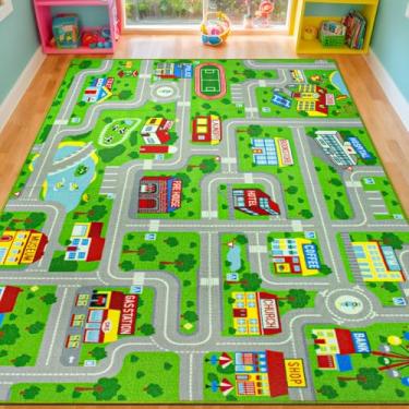Imagem de Tapete infantil 1,60 m x 1,80 m, tapetes infantis para quarto, tapete antiderrapante para carro, mapa da cidade para crianças, carros de brinquedo, tapete de pista para sala de jogos, decoração de
