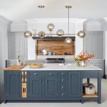 Imagem de Luminária pendente linear estilo meados do século XX, dourada, com 6 lâmpadas, lustre Sputnik de vidro verde e altura ajustável. Ideal para cozinha, sala de estar e sala de bilhar.