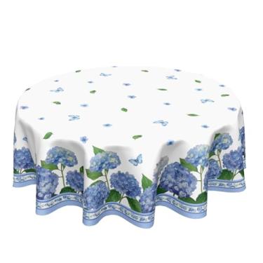 Imagem de Ancordivo Toalha de mesa redonda primavera verão 178 cm Páscoa azul hortênsia aquarela floral borboleta poliéster toalha de mesa toalha de mesa rústica para cozinha, jantar, decoração de casa