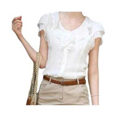 Imagem de Blusa De Chiffon Branca E Preta Com Mangas Em Camadas Para Mulheres, C