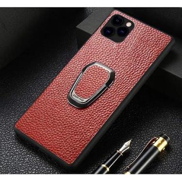 Imagem de EKESA Capa de telefone de couro para motorista, capa traseira de telefone com suporte de dedo magnético com padrão de lichia para Apple iPhone 12 Pro (2020) 6,1 polegadas (cor: marrom)