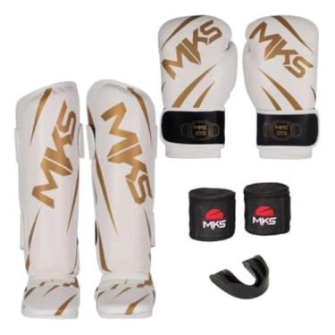 Imagem de Kit Luva de Boxe + Caneleira Muay Thai Kickboxing + Bandagem + Protetor Bucal - Champions Branco e Dourado MKS Combat (LUVA 16oz + CANELEIRA GG)