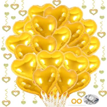 Imagem de 24 balões de coração dourados, 100 peças de flâmulas penduradas em coração, balões de alumínio de 45,7 cm, balão de dia dos namorados, balão de amor para decoração de festa de casamento (ouro)