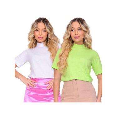 Imagem de KIT 2 Blusa Manga Curta Gola Alta Malha Ribana Canelada Feminina - NoB