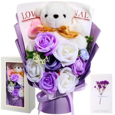 Imagem de PullCrease Buquê de flores com urso, buquê de flores artificiais, caixa de presente com urso de pelúcia, cartão de felicitações para mulheres, mãe, esposa, Dia dos Namorados, aniversário, aniversário