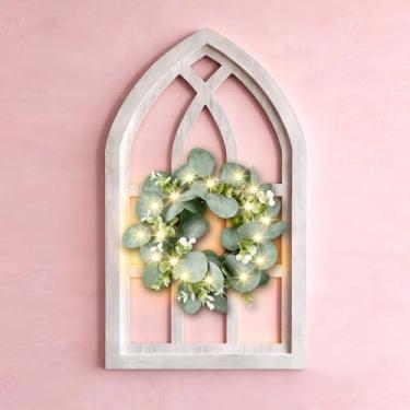 Imagem de Moldura de janela arqueada para casa de fazenda: decoração de parede com guirlanda e cordão de luz decorativo, painel de janela falso de madeira envelhecida de 58 x 33 cm para pendurar na parede para