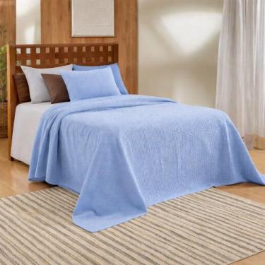 Imagem de Kit Colcha Casal Teka Piquet Favo Gênova Liso 100% Algodão 3 pçs, AZUL