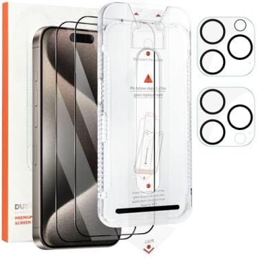 Imagem de Jngnpn Pacote com 2 protetores de tela para iPhone 15 Pro com 2 protetores de lente de câmera, alinhamento automático, filme de vidro temperado premium, dureza 9H, livre de poeira, resistente a