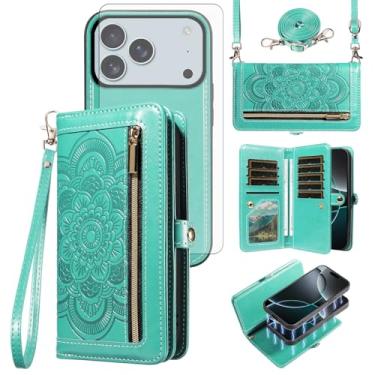 Imagem de Asuwish Capa de celular para iPhone 17 Pro 6,3 polegadas com zíper carteira destacável com protetor de tela de vidro temperado alça de pulso mandala flor porta-cartão de crédito i Phone17 i17 17Pro