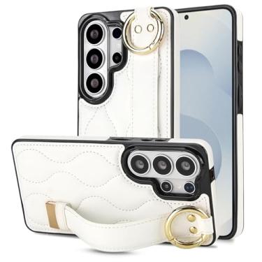 Imagem de Capa para Samsung Galaxy S26 Ultra com alça de pulso, elegante capa traseira de couro acolchoado para mulheres, capa fina protetora à prova de choque com suporte e anti-impressão digital (branca)