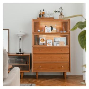 Imagem de KEG801302 Armário de exibição de cinco gavetas de madeira maciça para quarto doméstico, sala de estar, contra a parede, pequena torre de armazenamento de utensílios de cozinha de vidro