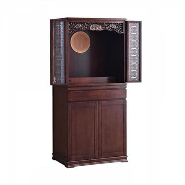 Imagem de KEG801302 Suporte de santuário interno para casa com porta esculpida armário de santuário de Buda de Lintel, com incenso de madeira retroiluminado, mesa de altar