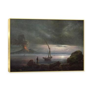 Imagem de NHLDZYH Moldura dourada. Pintura a óleo de paisagem romântica norueguesa famosa, J.C. Dahl, cópia de pintura a óleo clássica emoldurada para sala de estar ou escritório. (vulcão à noite). 70 x 98 cm.