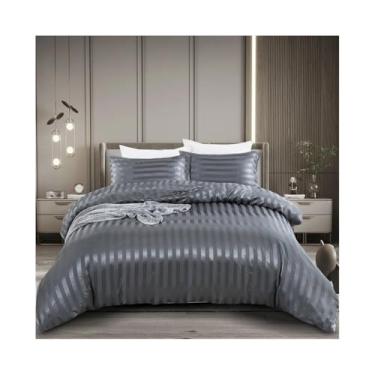 Imagem de x3anggyt5 Conjunto de capa de edredom texturizado listrado cinza acetinado, solteiro/casal/queen/king/solteiro/duplo, luxuoso, sedoso, conjunto de cama (EU King-220x240)