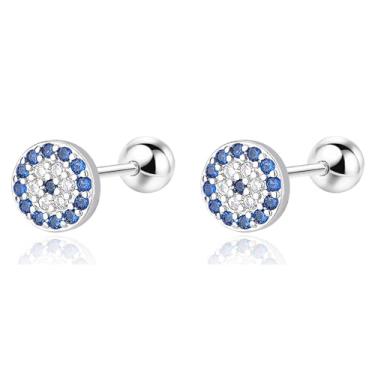 Imagem de Aloluo Brincos femininos de zircônia cúbica minúscula de 20 g, banhados a prata, hipoalergênicos, azuis, zircônias cúbicas, redondos, pequenos parafusos nas costas, cartilagem, tragus, poste