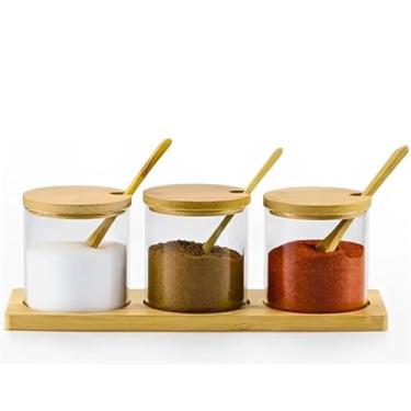 Imagem de Kit Conjunto de Potes de Vidro com Tampa de Bambu 3 Peças Base Organizadora Porta Condimentos e Temperos para Cozinha herméticos decorativos