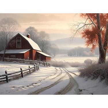 Imagem de Kit de pintura de diamante neblina rural campestre celeiro inverno (2) kit para adultos broca completa diamante arte pintura por números kits gem arte parede decoração de casa (40 x 30 cm)