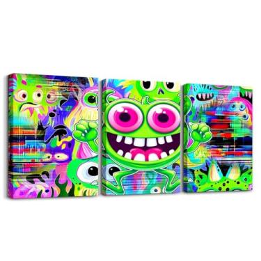 Imagem de Feelyou Arte de parede de monstro de desenho animado para decoração de casa monstro fofo 3 peças arte de parede em tela para sala de estar quarto verde fluorescente escritório decoração de parede