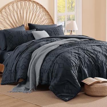 Imagem de AMBERSPACE Conjunto de edredom casal, azul marinho, tufado, boêmio, casa de fazenda, todas as estações, 7 peças, cama em uma bolsa com lençóis, fronhas e fronhas