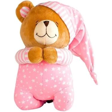 Imagem de Urso de Pelúcia Infantil que Reza Pai Nosso com Som, Rosa com Estrelas, Travesseiro e Touca Listrada