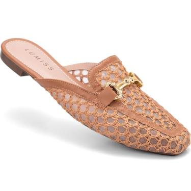 Imagem de Mule Feminino Lumiss Material Natural Tela Bico Quadrado Confortável Enfeite Dourado caramelo37