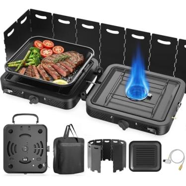 Imagem de Fogão de acampamento de 2 bocas a propano, fogão a gás portátil com churrasqueira, fogão de acampamento de 17.000 BTU, fogão de acampamento dobrável com bolsa de transporte, para-brisas e frigideira