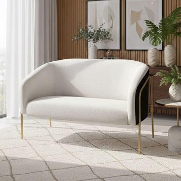 Imagem de Sofá Namoradeira Stella Industrial Alta Dourada Sintético Pu Preto Linho D03 - D`rossi Cor Preto/linho Cinza