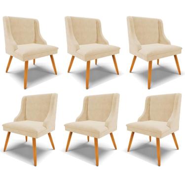 Imagem de Kit 6 Cadeiras Decorativas Sala de Jantar Pés Palito de Madeira Firenze Suede Bege/Natural G19 - Gran Belo