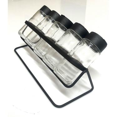 Imagem de Porta Tempero Condimento 5 Potes Vidro Tampa Dosadora Suporte Preto Organização Cozinha