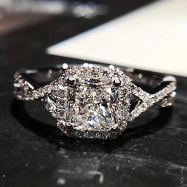 Imagem de Anéis de zircônia cúbica quadrados brancos banhados a prata para mulheres anel torcido feminino moderno luxuoso brilhante aliança de casamento joias presentes, 7, Liga de aço, Zircônia cúbica