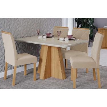 Imagem de Conjunto: Mesa Sala Jantar Maitê Tampo Madeirado c/ Vidro 130x80cm e 4 Cadeiras Fernanda Nature/Off White - Carvalho/Suede Nude Bege Cimol