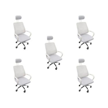 Imagem de Kit 5 Cadeiras Escritório Diretor Tela Mesh Encosto De Cabeça Branco