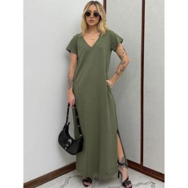 Imagem de Vestido Longo de Algodão com Bolso Decote V Verde Oliva-Feminino