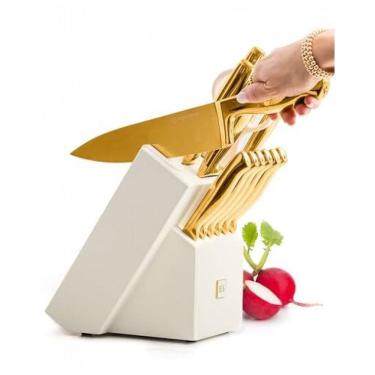 Imagem de Conjunto de Facas STYLED SETTINGS em Aço Inoxidável com Bloco de Bancada e Afiador Embutido, 14 Peças, Dourado e Branco