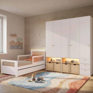 Imagem de Guarda-Roupa Modulado e Bicama Solteiro Reversível Infantil Wave Casatema MadeiraOriginals Branco/Natural