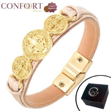 Imagem de Pulseira de Couro Bracelete Bento Fecho Magnético Dourado Verde Preto-Unissex