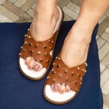 Imagem de Sandália Feminina Flatform Enfeite Metal Brilho Metalizado Chinelo Rasteirinha Confortável Macia-Feminino