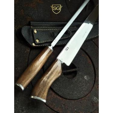 Imagem de Conjunto Faca e Chaira Inox 9 na Bainha de Couro - SG Facas Artesanais
