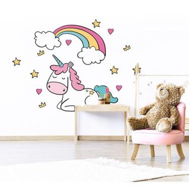 Imagem de Adesivo de Parede Unicórnio Arco-Íris Nuvens Estrelas Infantil - Rei C