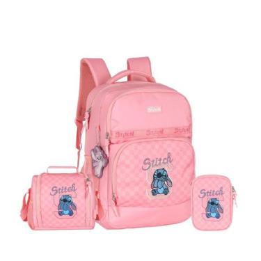 Imagem de Kit Mochila Juvenil Costas Disney Stitch Original 2026, Rosa