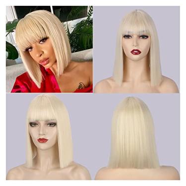 Imagem de Perucas femininas sintéticas perucas curtas retas com franja para mulheres, preto, rosa, roxo, vermelho, natural, cabelo humano (cor: 613, comprimento esticado: 35,5 cm)