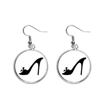 Imagem de Brincos femininos pretos de salto alto com padrão de silhueta de flor, brincos pendentes de prata