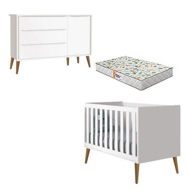 Imagem de Berço Americano e Cômoda Infantil 1 Porta Theo Branco  Pés Amadeirados com Colchão Gazin - Reller 